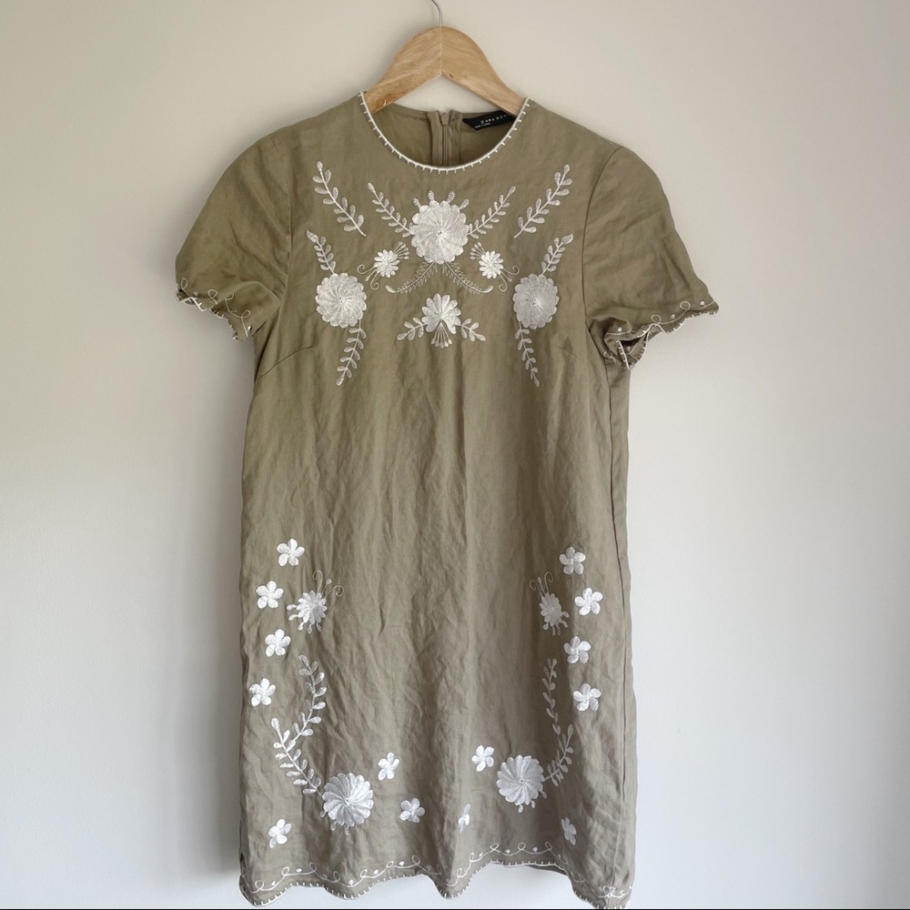 ZARA Embroidered Flower Linen Dress (Khaki/Tan)